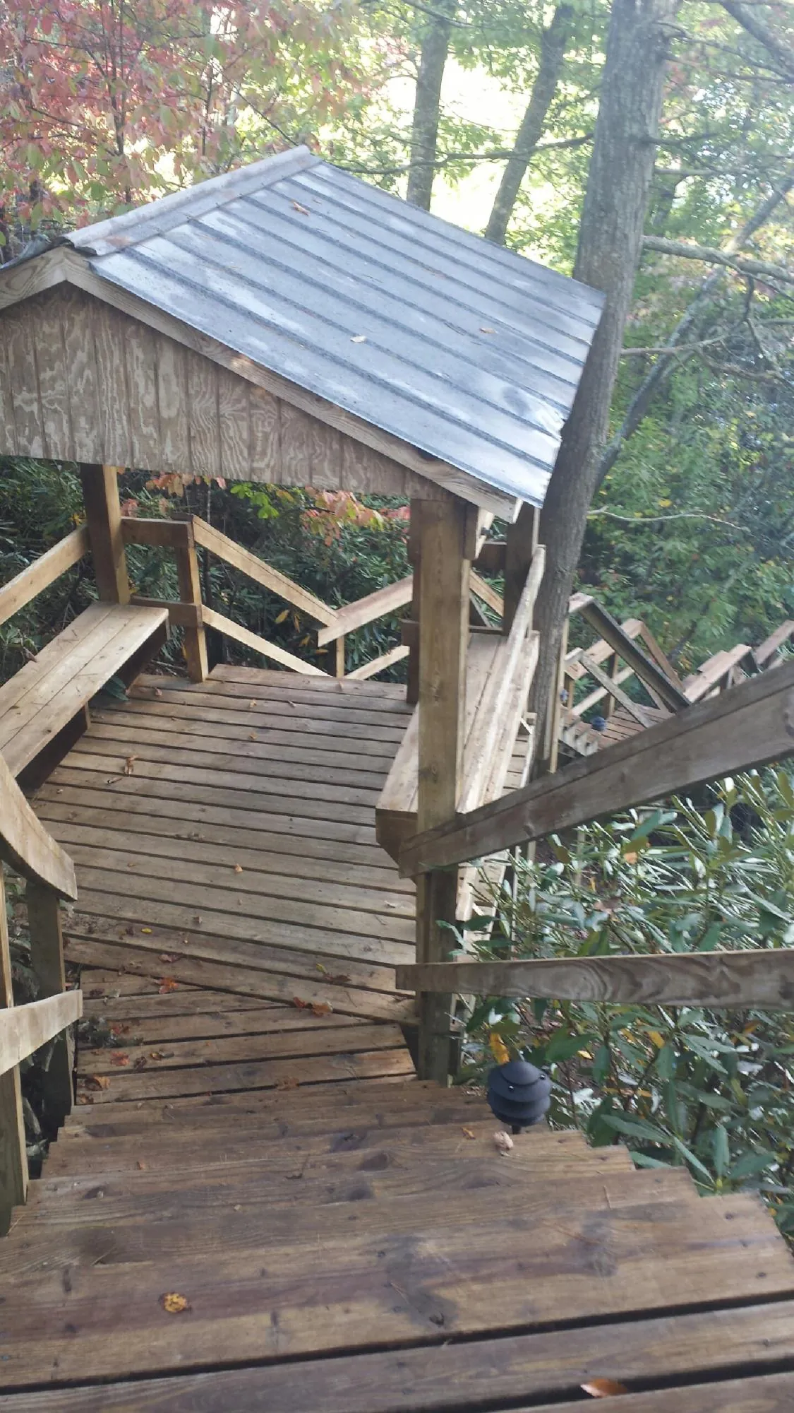 Metal roofed shelter over wooden steps on a wooded walkway — Skylight Repair & Installation work by our crew in Port Penn
